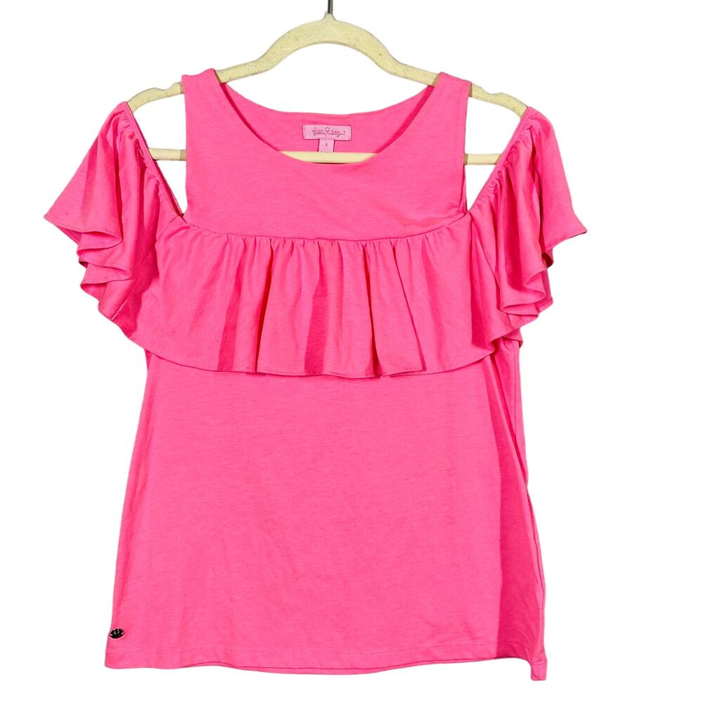 Lilly Pulitzer Ruffled Cold Shoulder Top Blouse Tee Pink - S